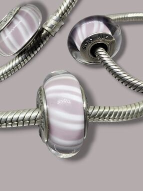 PANDORA Lavender Candy Stripes Murano Glass Sterling Silver Charm Retired